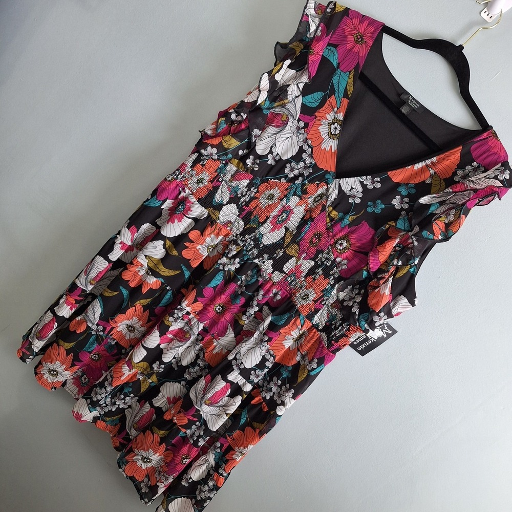 Chiffon Smocked Vneck‎ Tiered Mini Dress Womens 3X Tropical Dark Romantic